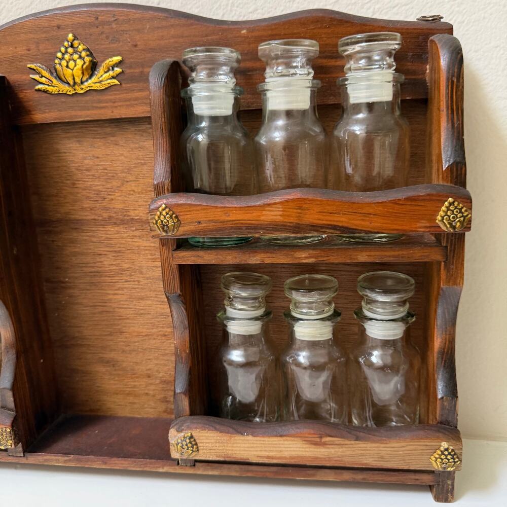 Vintage Mid-Century Wooden Apothecary Spice Rack Wall Mount with Glass Bottles - Picture 4 of 10